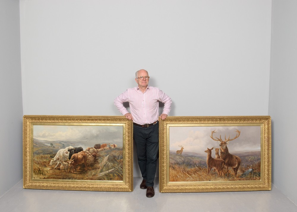 A pair of large Victorian oil paintings in ornate gilt frames depicting Scottish Highland landscapes with livestock and deer. View VII