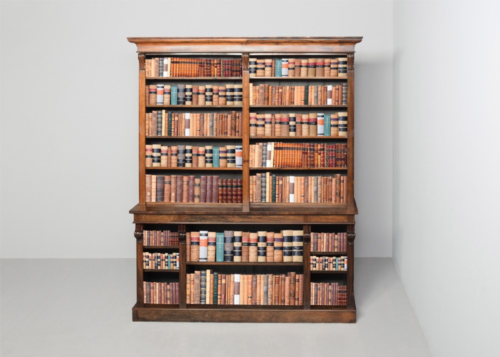 A tall William IV rosewood open bookcase featuring two upper shelf sections over lower bays with carved corbels and a solid plinth base.