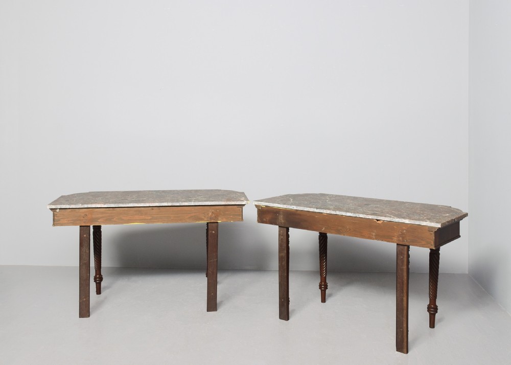 A pair of William IV mahogany break-front hall tables featuring grey marble tops and spiral-turned legs. View VII