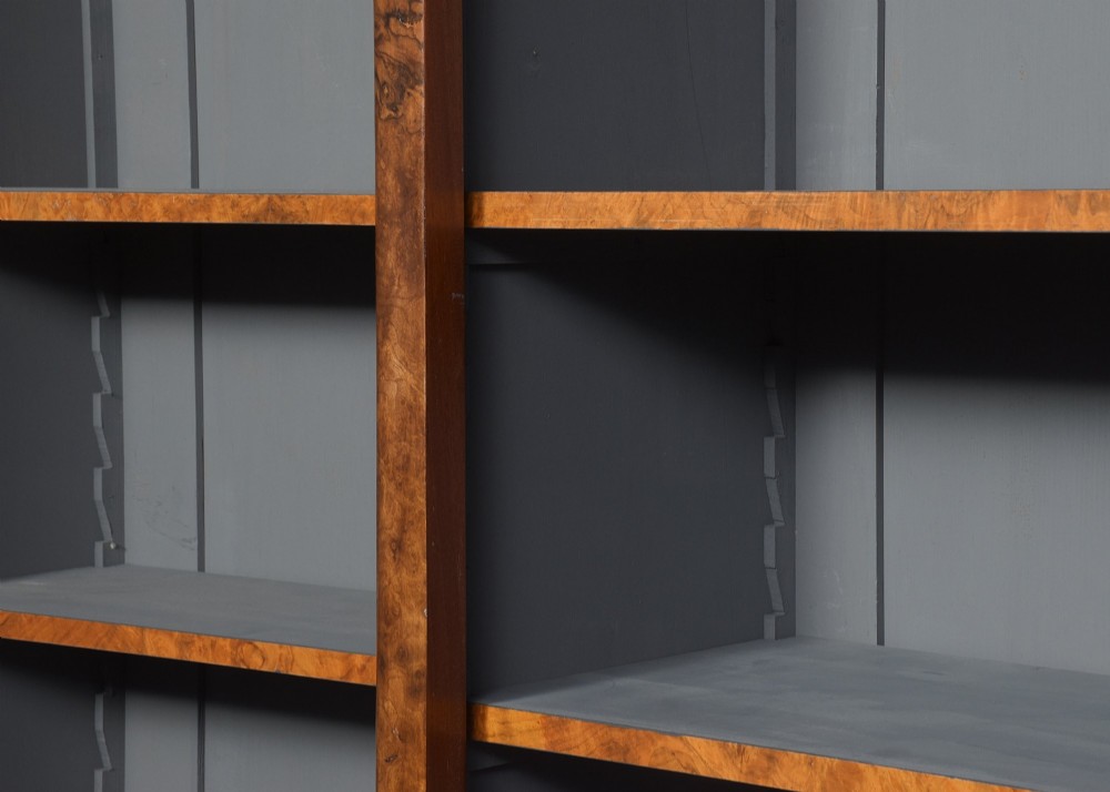 Mid Victorian breakfront figured and burr walnut three-section open bookcase with a lovely mellow colour and excellent patina View II