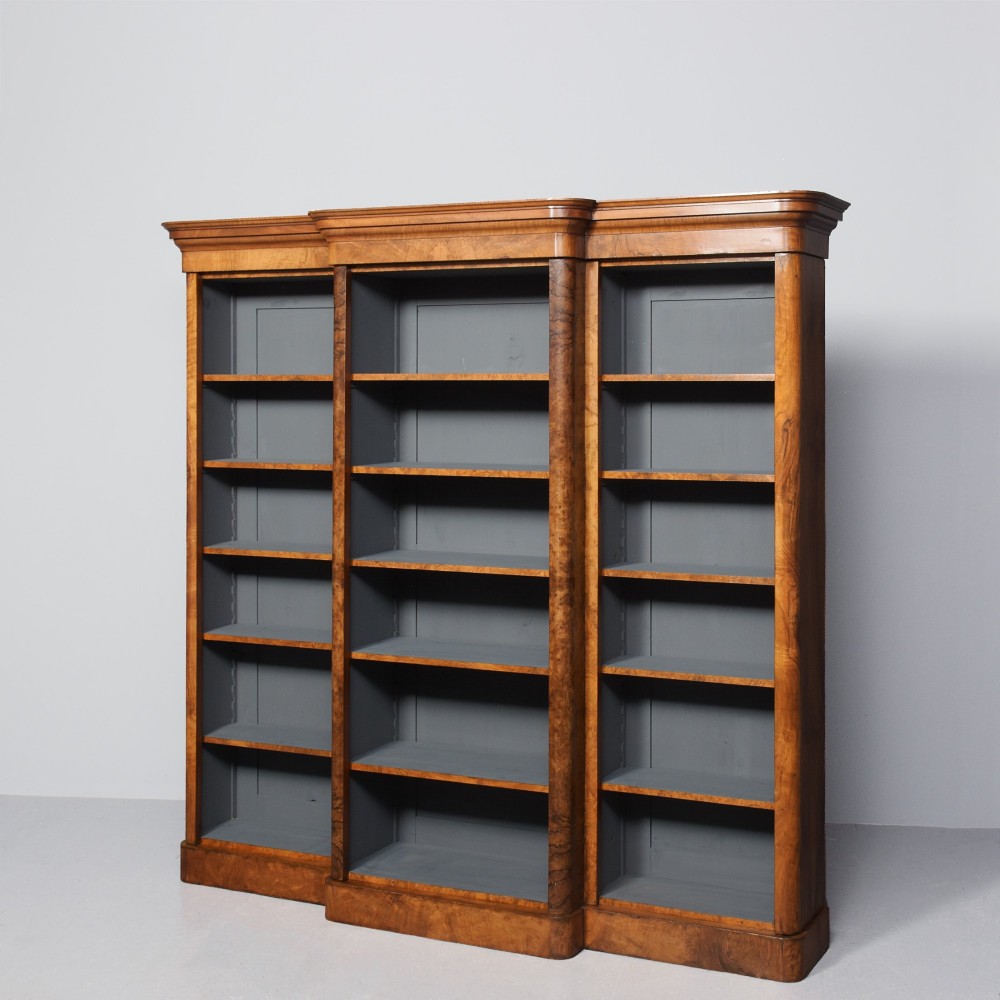 Mid Victorian breakfront figured and burr walnut three-section open bookcase with a lovely mellow colour and excellent patina View III