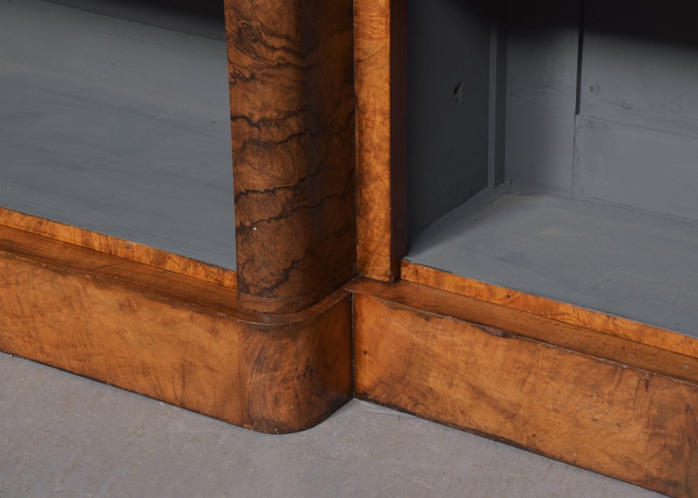 Mid Victorian breakfront figured and burr walnut three-section open bookcase with a lovely mellow colour and excellent patina View IV