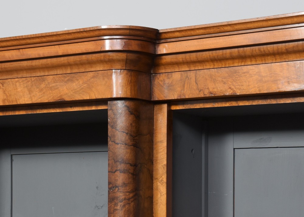 Mid Victorian breakfront figured and burr walnut three-section open bookcase with a lovely mellow colour and excellent patina View V