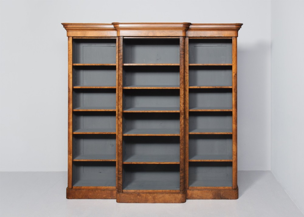 Mid Victorian breakfront figured and burr walnut three-section open bookcase with a lovely mellow colour and excellent patina View VIII