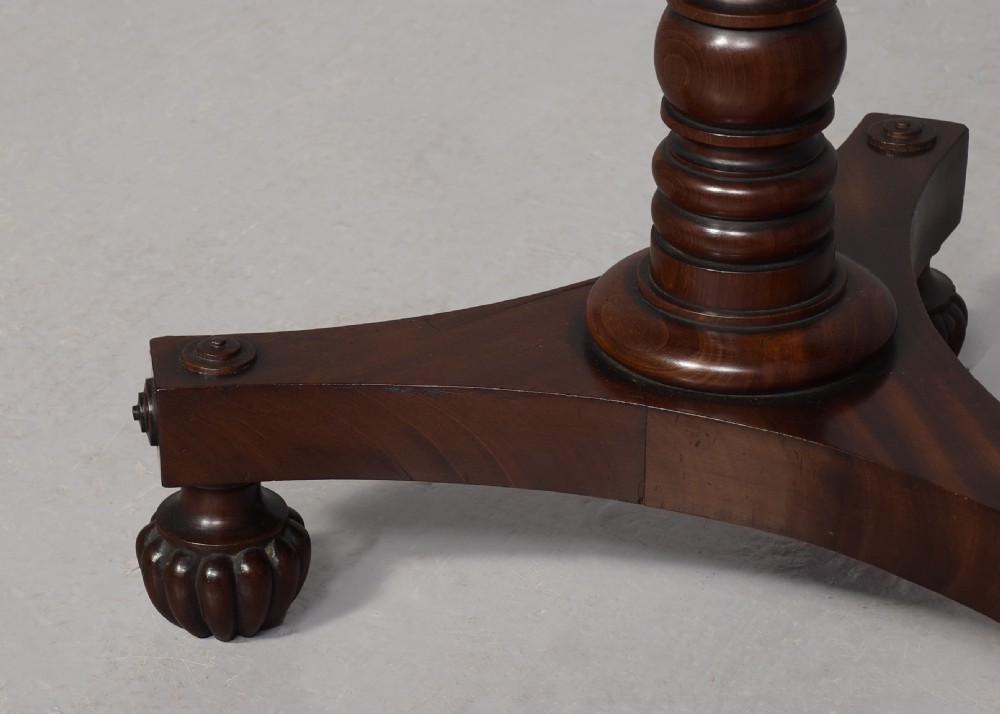 A pair of dark mahogany William IV wine tables featuring hexagonal tops, turned column pedestals, and triform bases. View VI