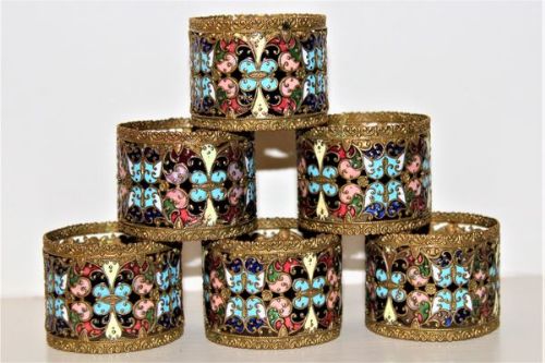 Six French Champlevey Enamel Napkin Rings