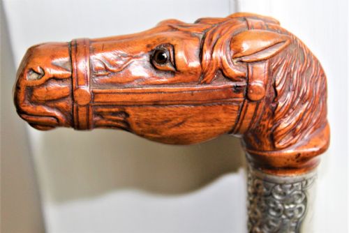 A Very Finely Carved and Detailed Wood Horses Head Walking Stick English Circa 1880