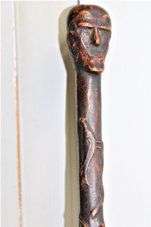A Charmingly Carved 18th Century Wood Folk Art Walking Stick with a Wonderful Deep Patina
