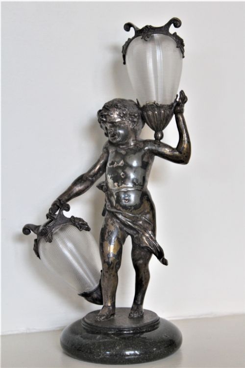 A Delightful Garniture of Three Chubby Cherubs Holding Finely Ribbed Glass Vases on Marble French Circa 1900