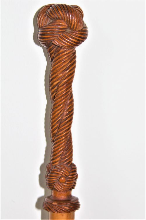 A Fine Malacca Wood Walking Stick with a Well Carved Hardwood Handle Depicting a Sailors Knot
