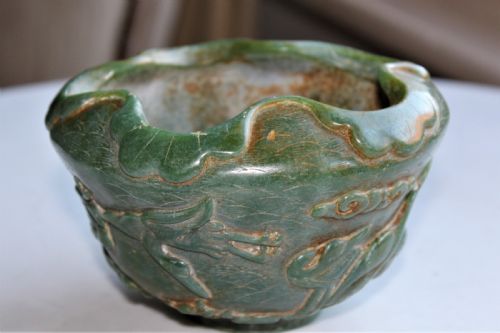 A Very Attractive Chinese Green Jade Bowl with Decoration of Cherry Blossom and Birds