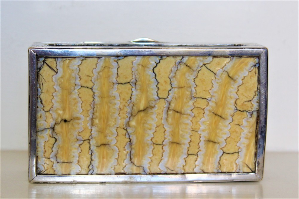 Rare table snuff box of large proportions made of slabs of mammoth tooth and finely hand chased silver unmarked  View VI