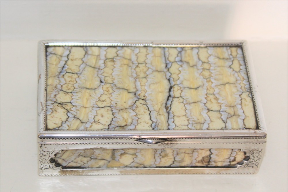 Rare table snuff box of large proportions made of slabs of mammoth tooth and finely hand chased silver unmarked 