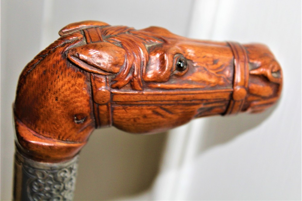 A very finely carved and detailed wood horses head walking stick English Circa 1880 View II