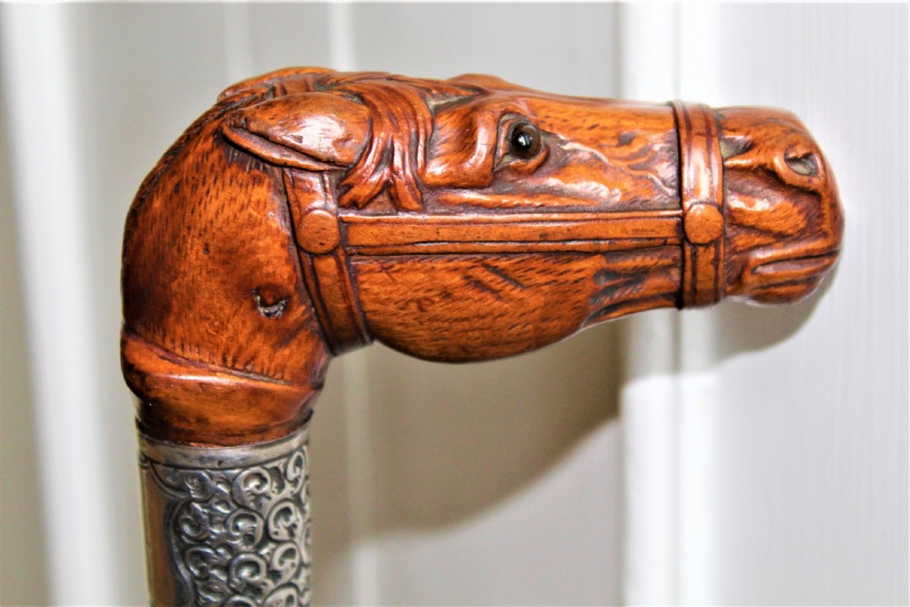 A very finely carved and detailed wood horses head walking stick English Circa 1880 View III