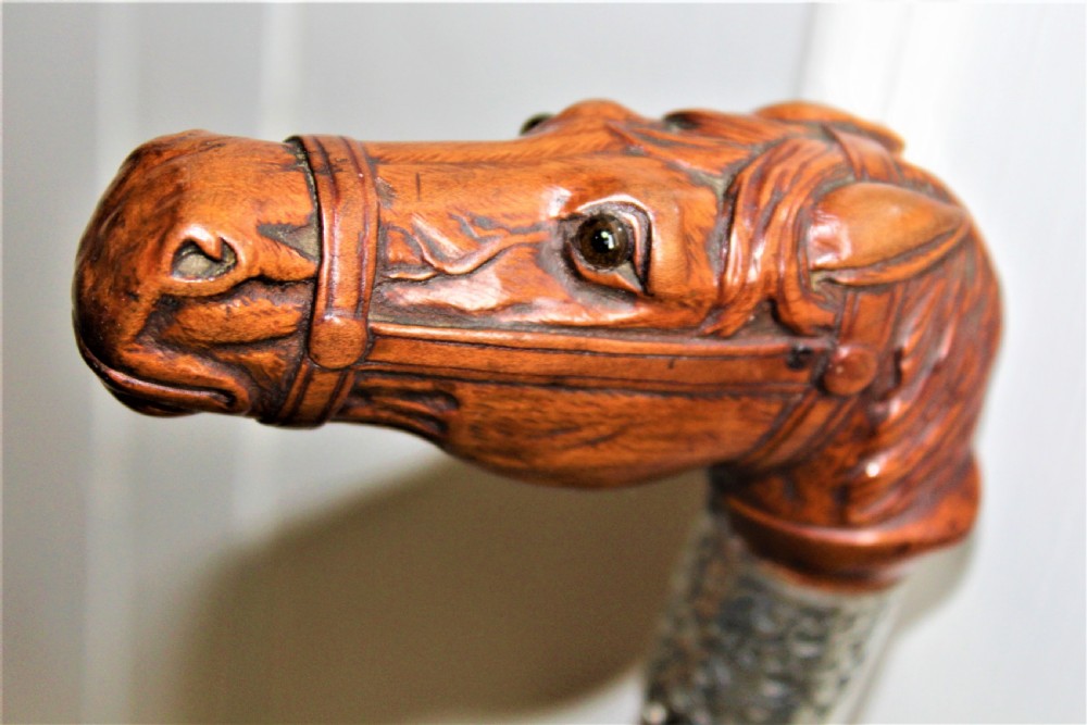 A very finely carved and detailed wood horses head walking stick English Circa 1880 View IV