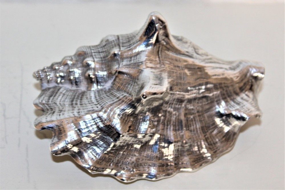 A very decorative conch shell skilfully hand covered in a sheath of heavy gauge silver and signed  View III
