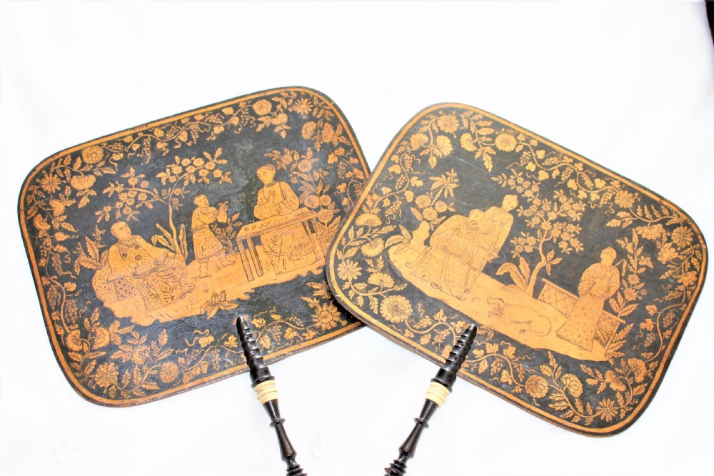 A fine pair of  Regency Chinoiserie penwork face screens English Circa 1820