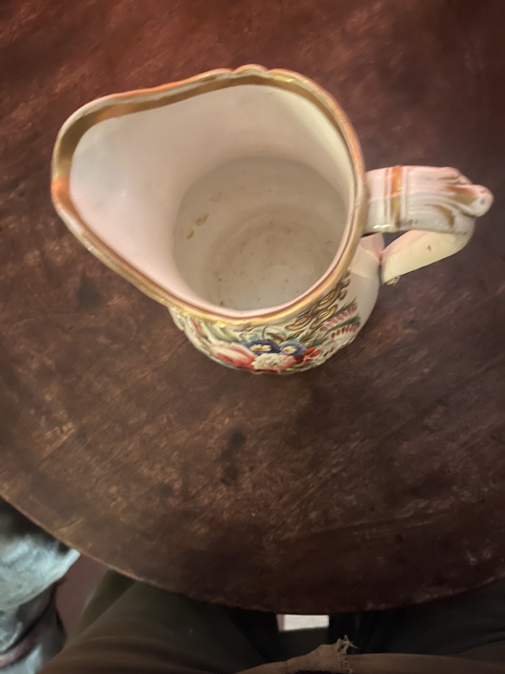 A rare and unique Victorian hand painted Staffordshire China Jug with beautiful floral decoration and gilding View IV