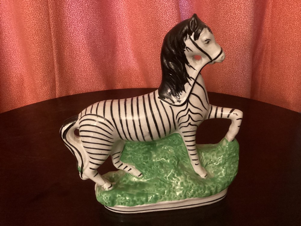 A 19th-century Staffordshire earthenware ceramic figure of a zebra with hand-painted black stripes standing on a green grass-like base.