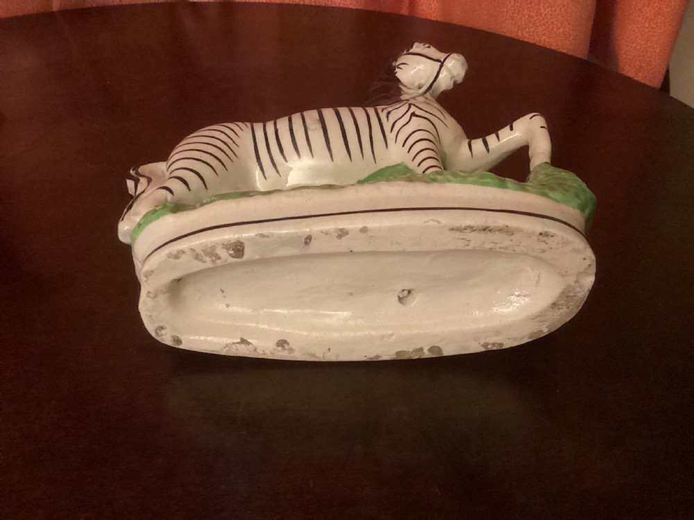 A 19th-century Staffordshire earthenware ceramic figure of a zebra with hand-painted black stripes standing on a green grass-like base. View V