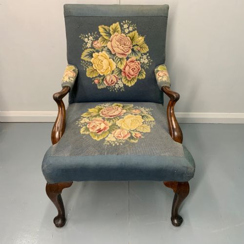 GEORGIAN WALNUT GAINSBOROUGH ARMCHAIR IN VINTAGE NEEDLEPOINT - ADDITIONAL PHOTO 1