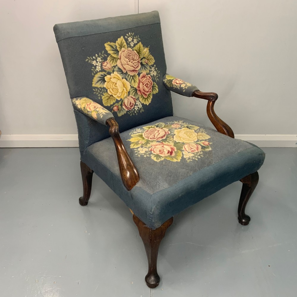 Georgian walnut Gainsborough armchair in vintage needlepoint