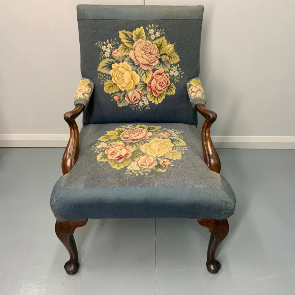 Georgian walnut Gainsborough armchair in vintage needlepoint View II