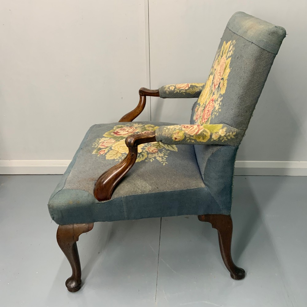 Georgian walnut Gainsborough armchair in vintage needlepoint View III