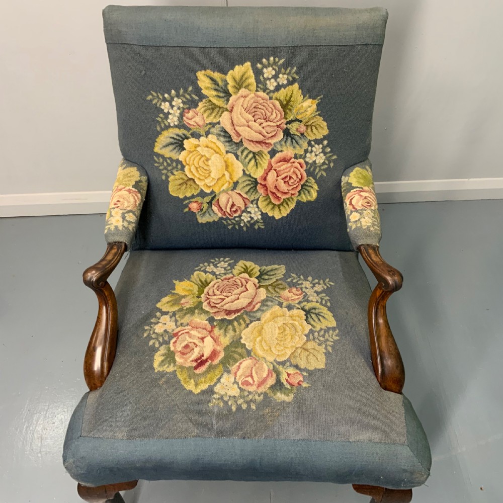 Georgian walnut Gainsborough armchair in vintage needlepoint View IV