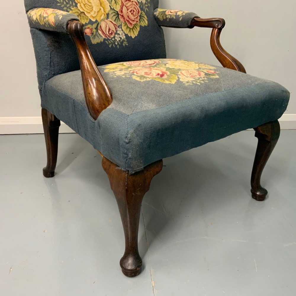 Georgian walnut Gainsborough armchair in vintage needlepoint View V