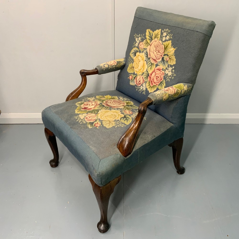 Georgian walnut Gainsborough armchair in vintage needlepoint View VII