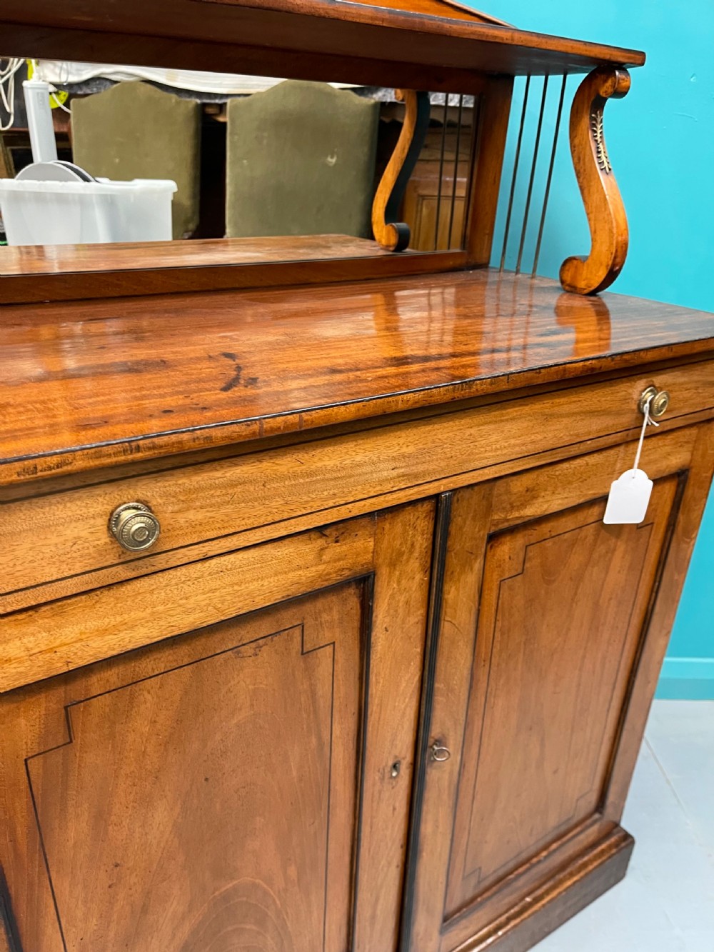 Regency pale mahogany chiffonier cabinet with mirror back View IV