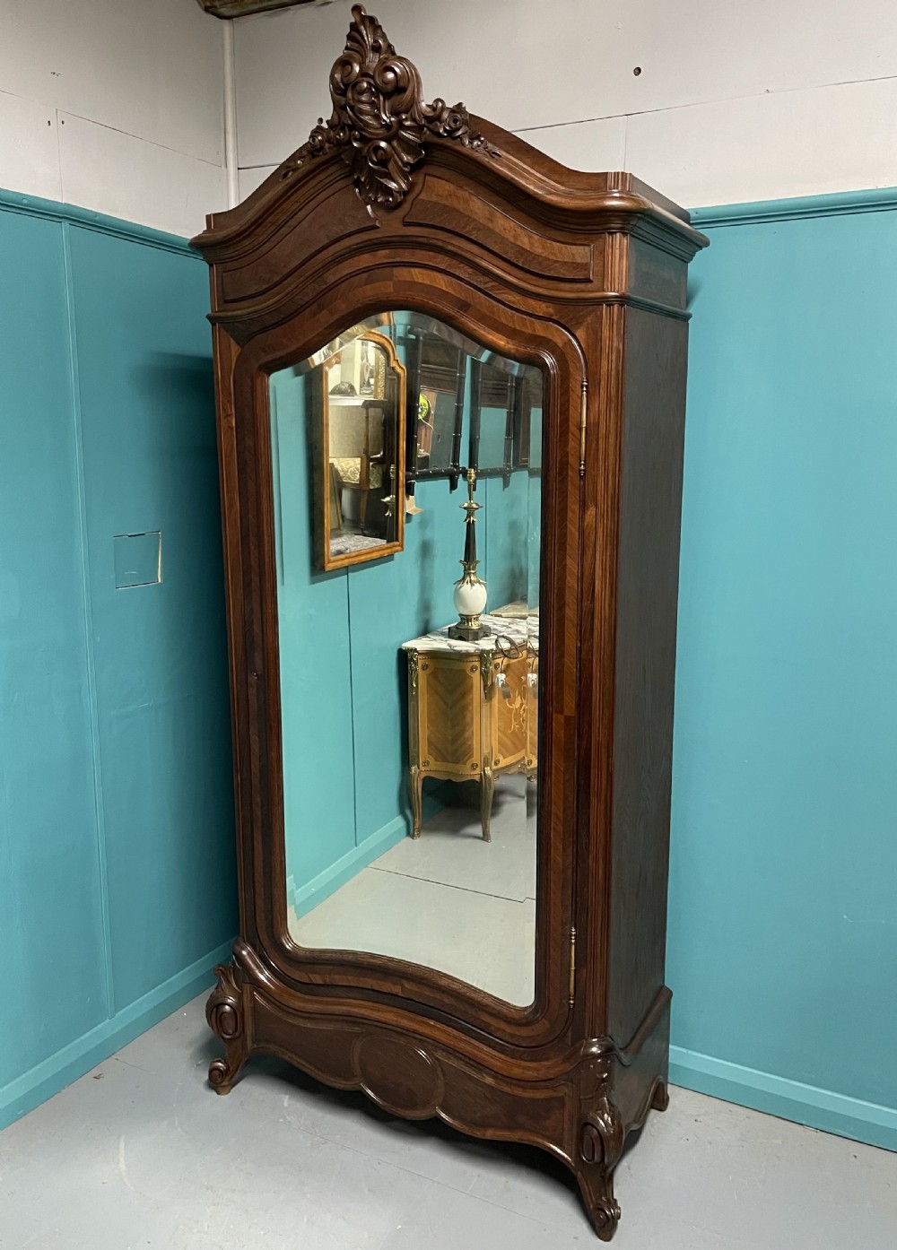French rosewood mirrored armoire with adjustable shelves 