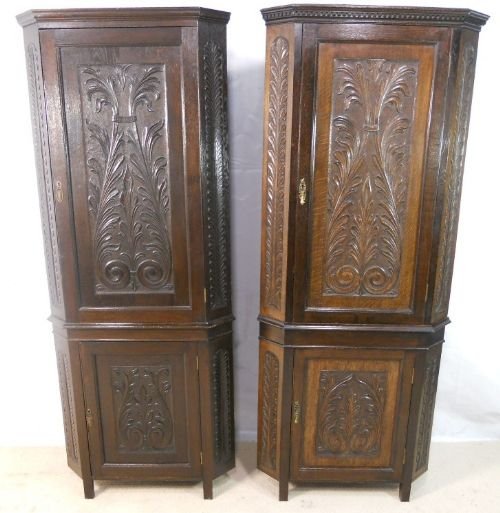 Near Pair Victorian Dark Carved Oak Double Corner Cupboards