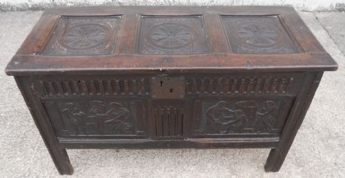 ANTIQUE OAK BLANKET CHEST WITH CARVED BIBLICAL SCENES