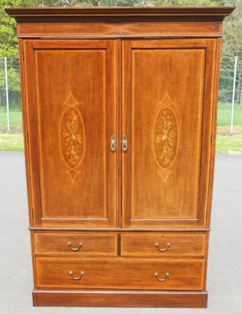 Edwardian Mahogany Marquetry Inlaid Two Door Wardrobe 