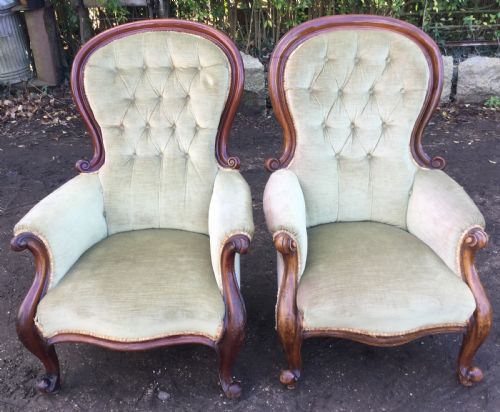 Pair Victorian Mahogany Fireside Armchairs