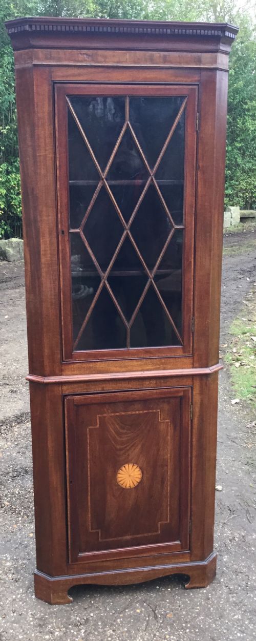 EDWARDIAN INLAID MAHOGANY STANDING CORNER CUPBOARD - ADDITIONAL PHOTO 3