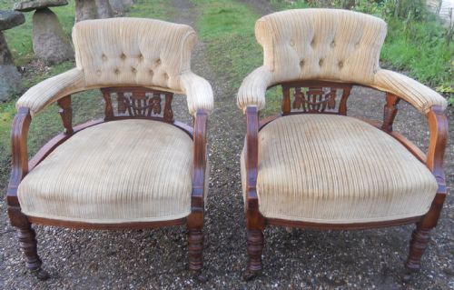 Pair Edwardian Mahogany Framed Upholstered Tub Armchairs