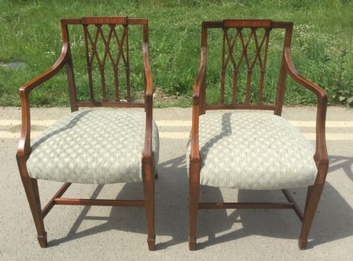 Pair Edwardian Inlaid Mahogany Carver Armchairs