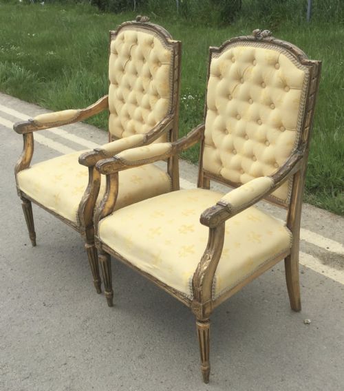 Pair Gilt Framed Upholstered Salon Armchairs