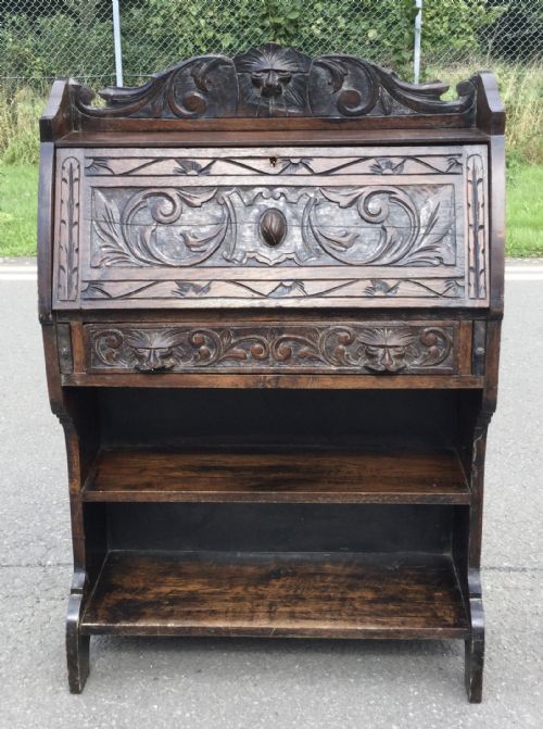 VICTORIAN CARVED OAK NARROW BUREAU - ADDITIONAL PHOTO 1