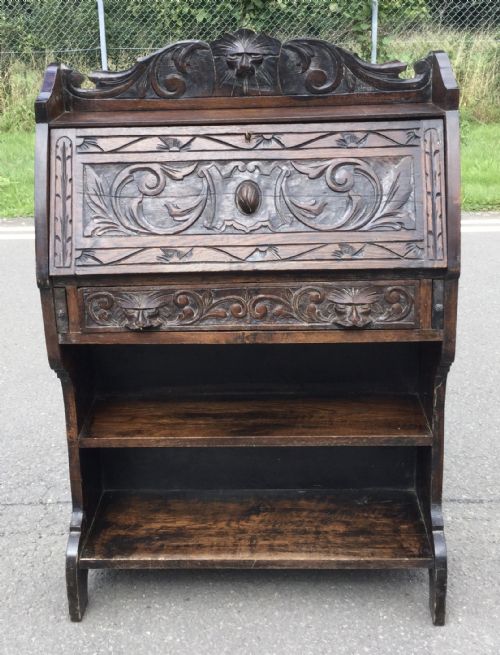 VICTORIAN CARVED OAK NARROW BUREAU - ADDITIONAL PHOTO 3