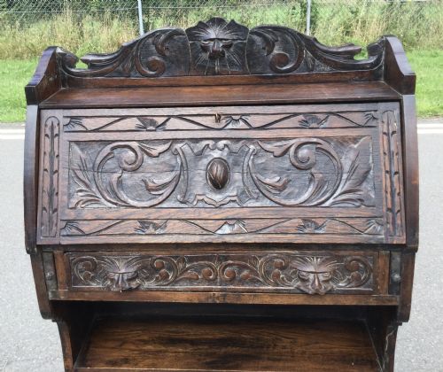 VICTORIAN CARVED OAK NARROW BUREAU - ADDITIONAL PHOTO 4