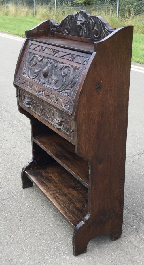 VICTORIAN CARVED OAK NARROW BUREAU - ADDITIONAL PHOTO 5