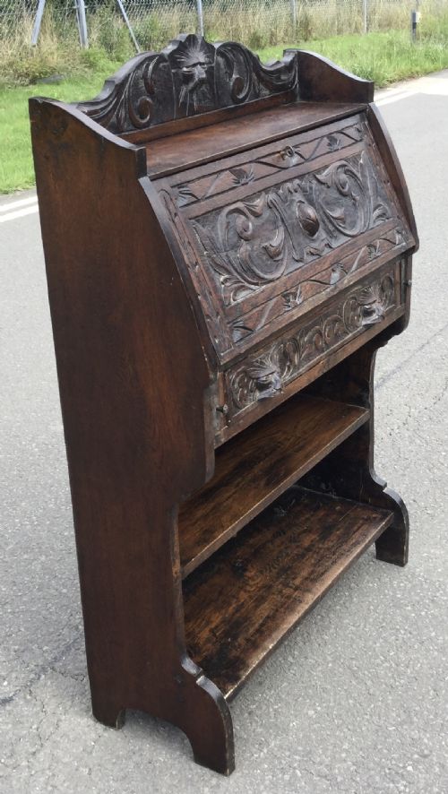VICTORIAN CARVED OAK NARROW BUREAU - ADDITIONAL PHOTO 6