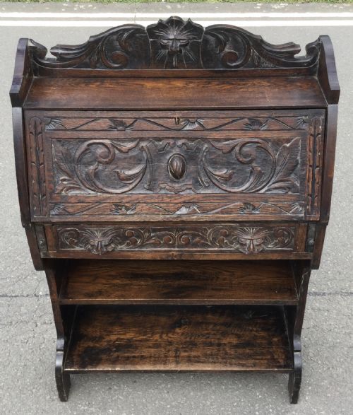 VICTORIAN CARVED OAK NARROW BUREAU - ADDITIONAL PHOTO 7