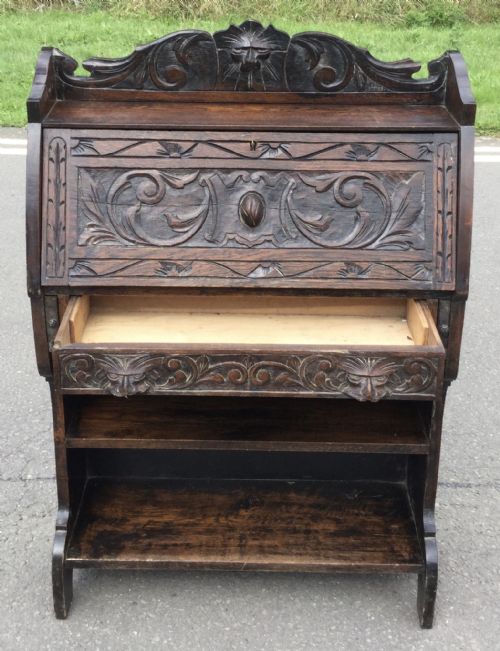 VICTORIAN CARVED OAK NARROW BUREAU - ADDITIONAL PHOTO 8