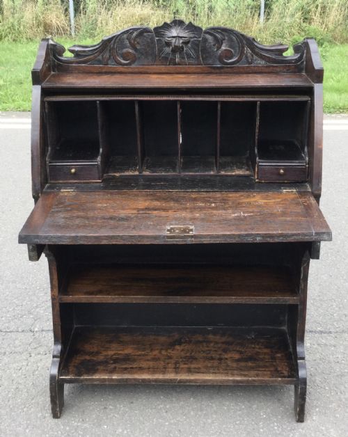 VICTORIAN CARVED OAK NARROW BUREAU - ADDITIONAL PHOTO 9